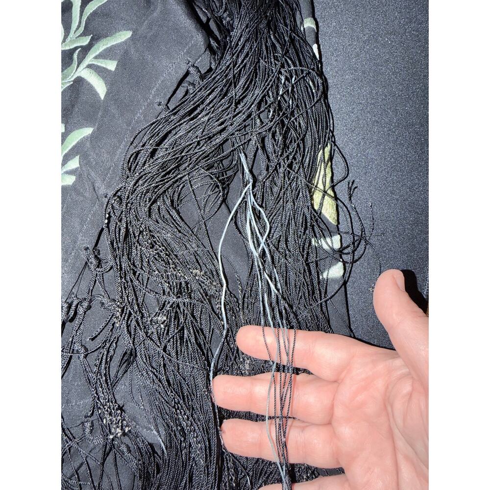 Vintage black square scarf wrap heavy embroidery 100% silk long fringe Pakistan - Picture 6 of 6